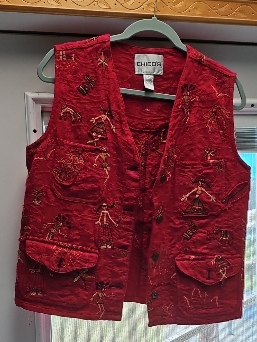 Chico's Red Embroidered Button-Front Vest